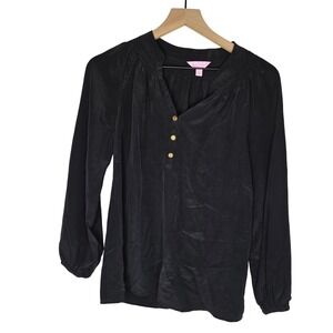 Lilly Pulitzer Elsa Blouse Women S Black 100% Silk Smocked Gold Button Preppy